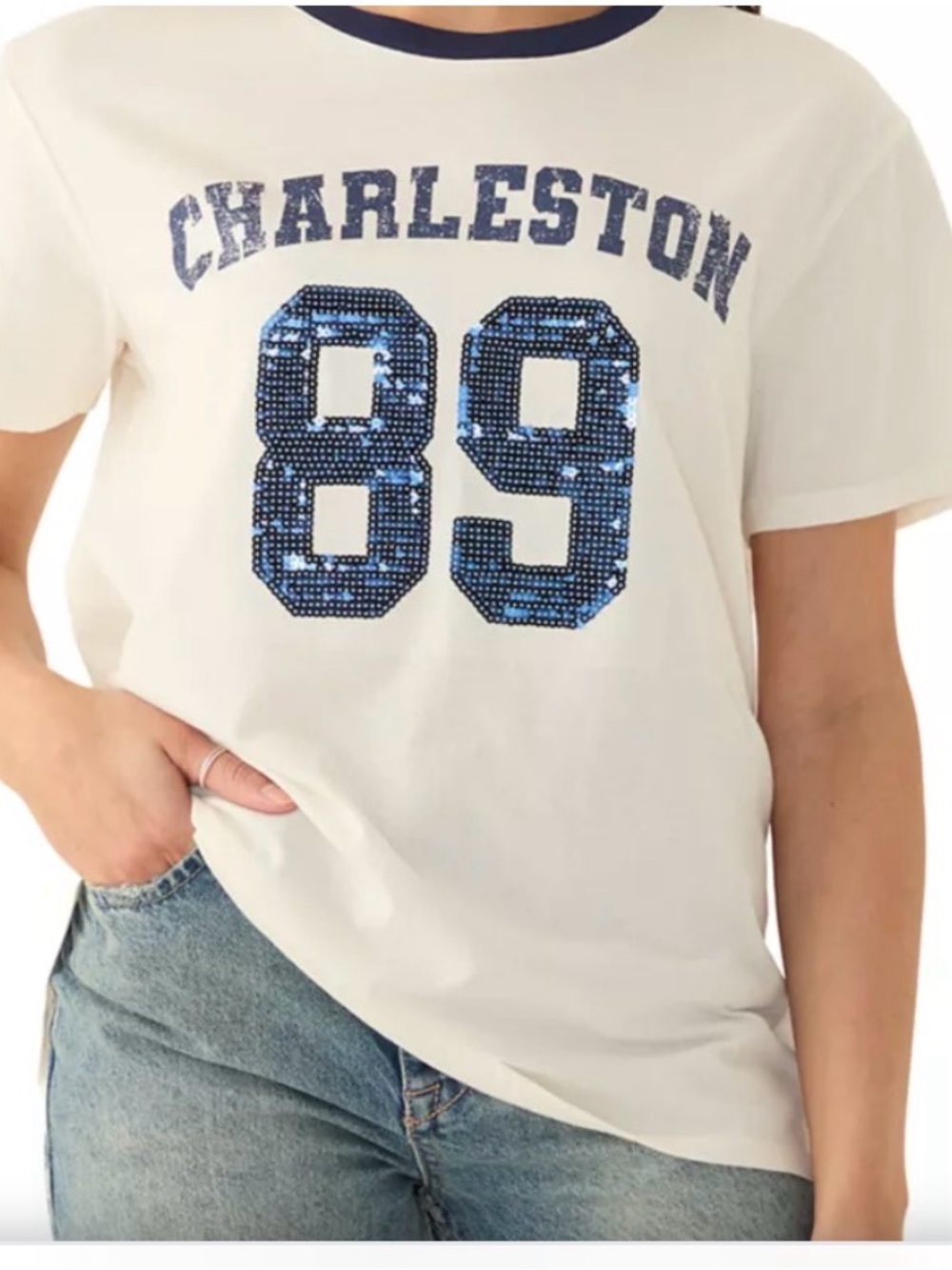 Oak & Trellis women’s Sporty 89 Sequin Graphic Tee - White & Blue. Med